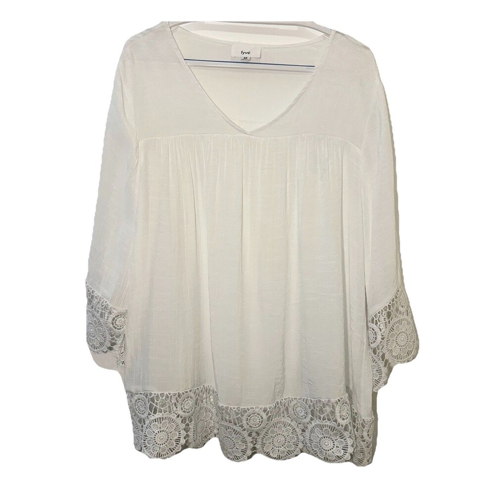 Fyve White Lace Trim Boho Tunic Top Women’s Plus Size 3X V-Neck Flowy